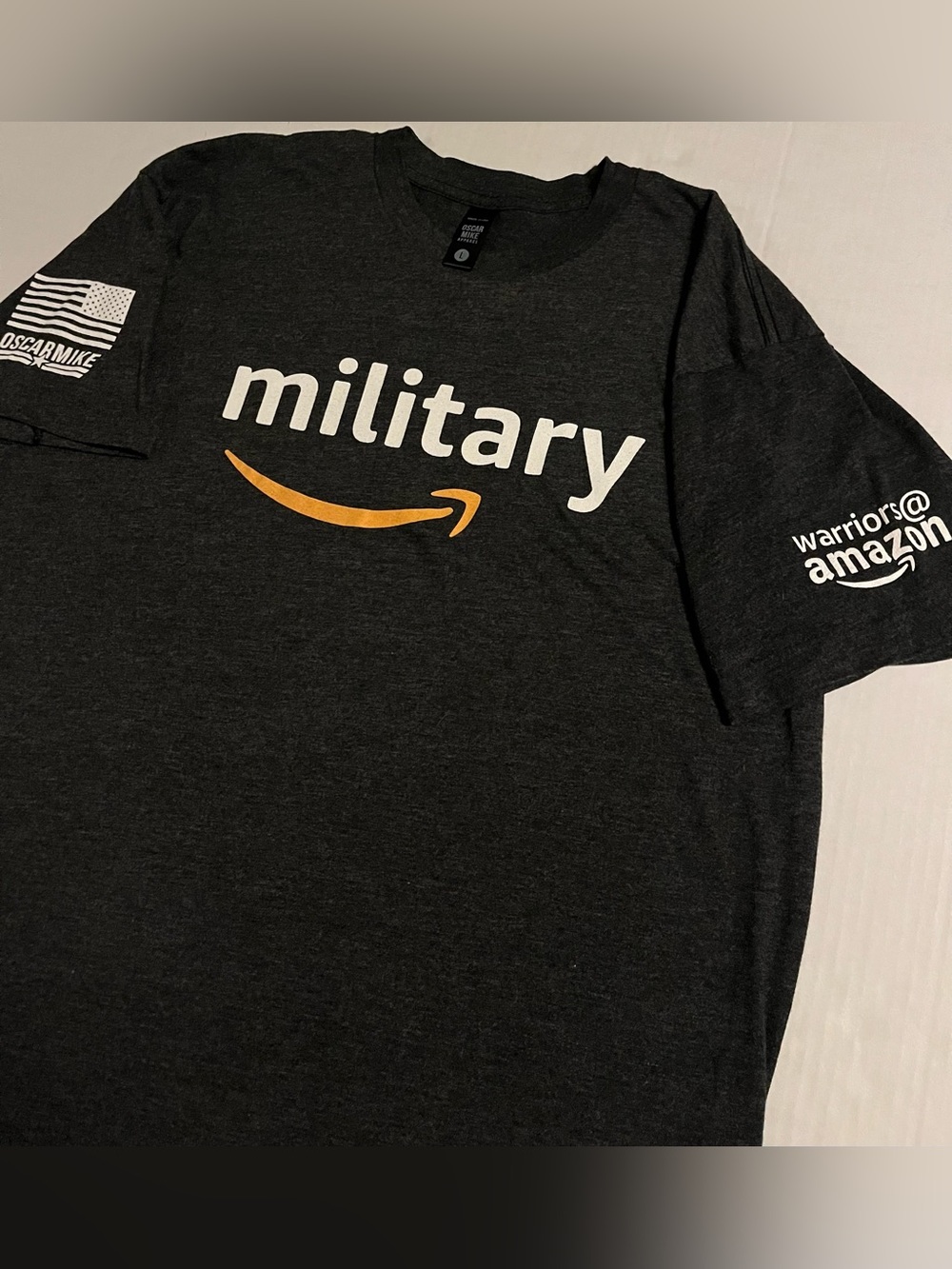 NEW Amazon Military Oscar Mike Employee T-Shirt LARGE Army USA Marines Flag Gray